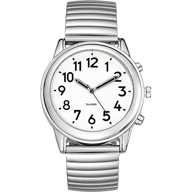 MAUJOY Mens English Talking WatchSilver Metal Spring Band Announces Time Date Alarm Loud Alarm Ideal for Elderly Visually Impaired Blind Users Supports Independent Living